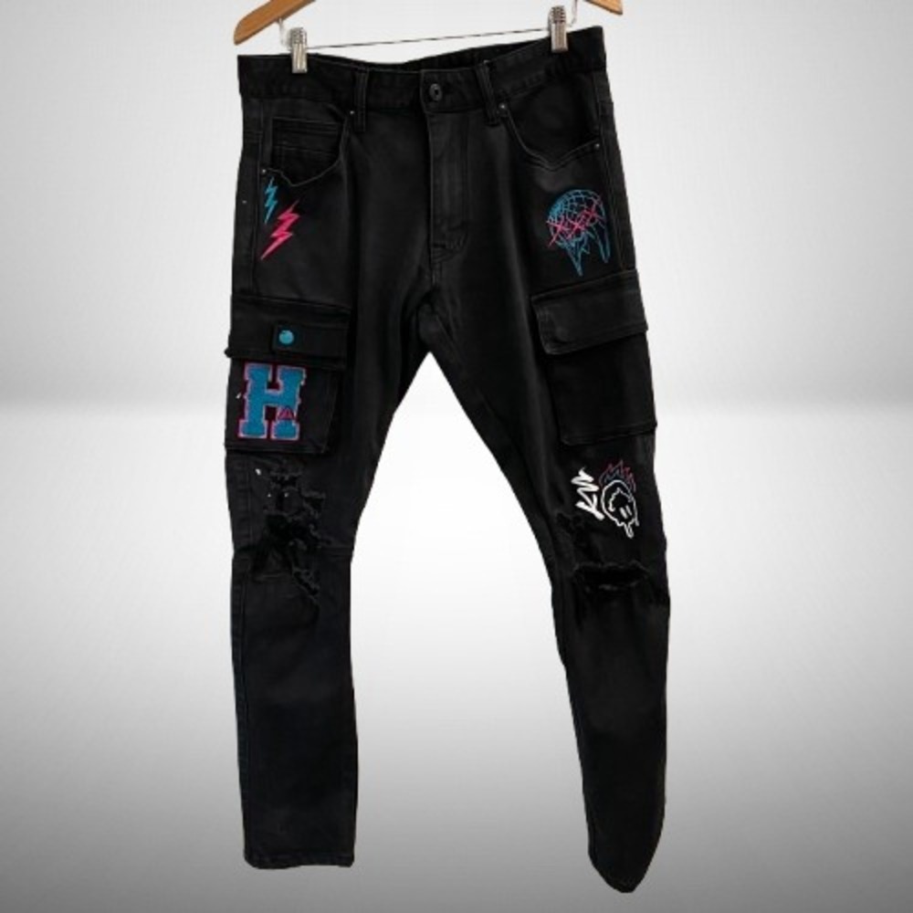 Smoke‎ Rise Men's Black Distressed Cargo Jeans Embroidered Patches 34x32
